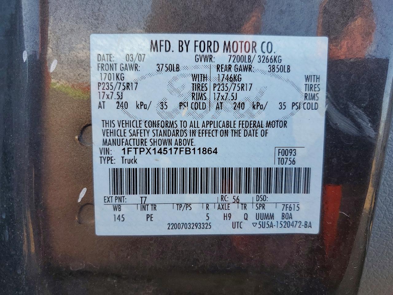 2007 Ford F150 Gray vin: 1FTPX14517FB11864