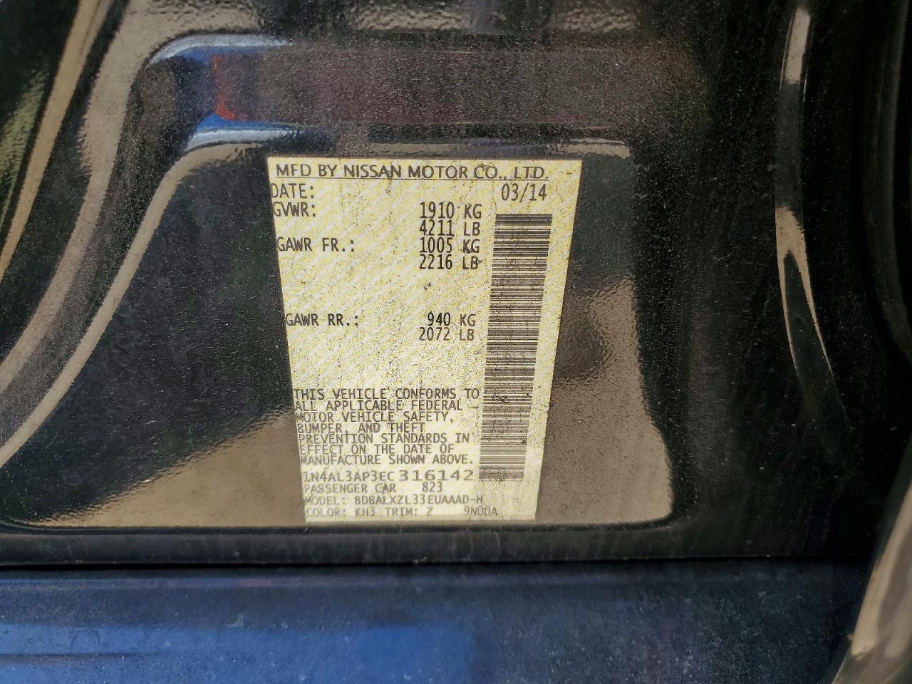 2014 Nissan Altima 2.5 Sl Black vin: 1N4AL3AP3EC316142
