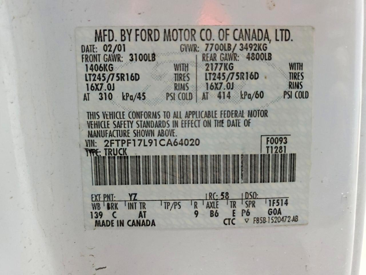 2001 Ford F150 White vin: 2FTPF17L91CA64020