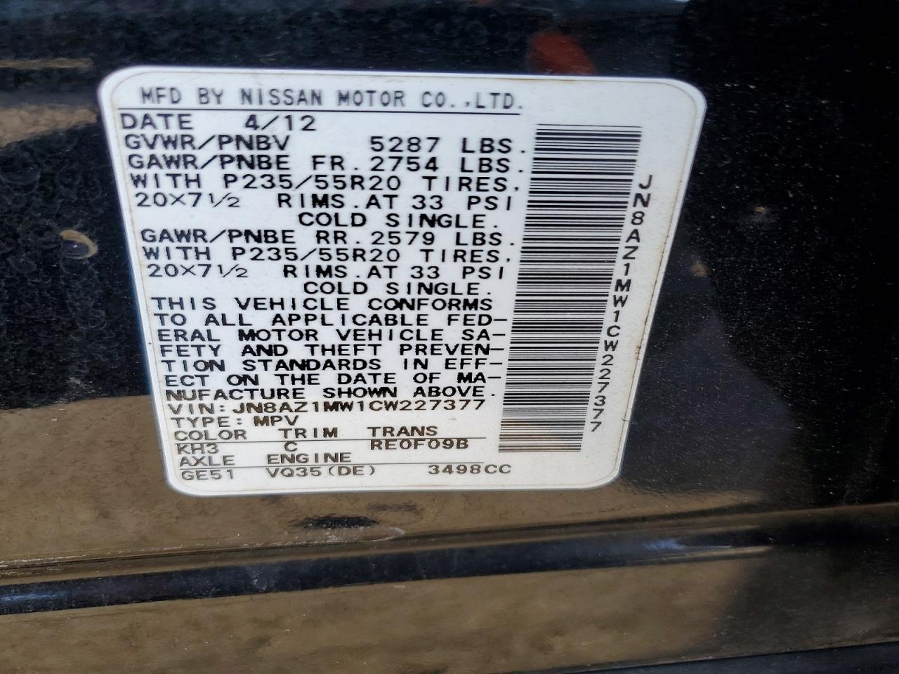 2012 Nissan Murano S Черный vin: JN8AZ1MW1CW227377
