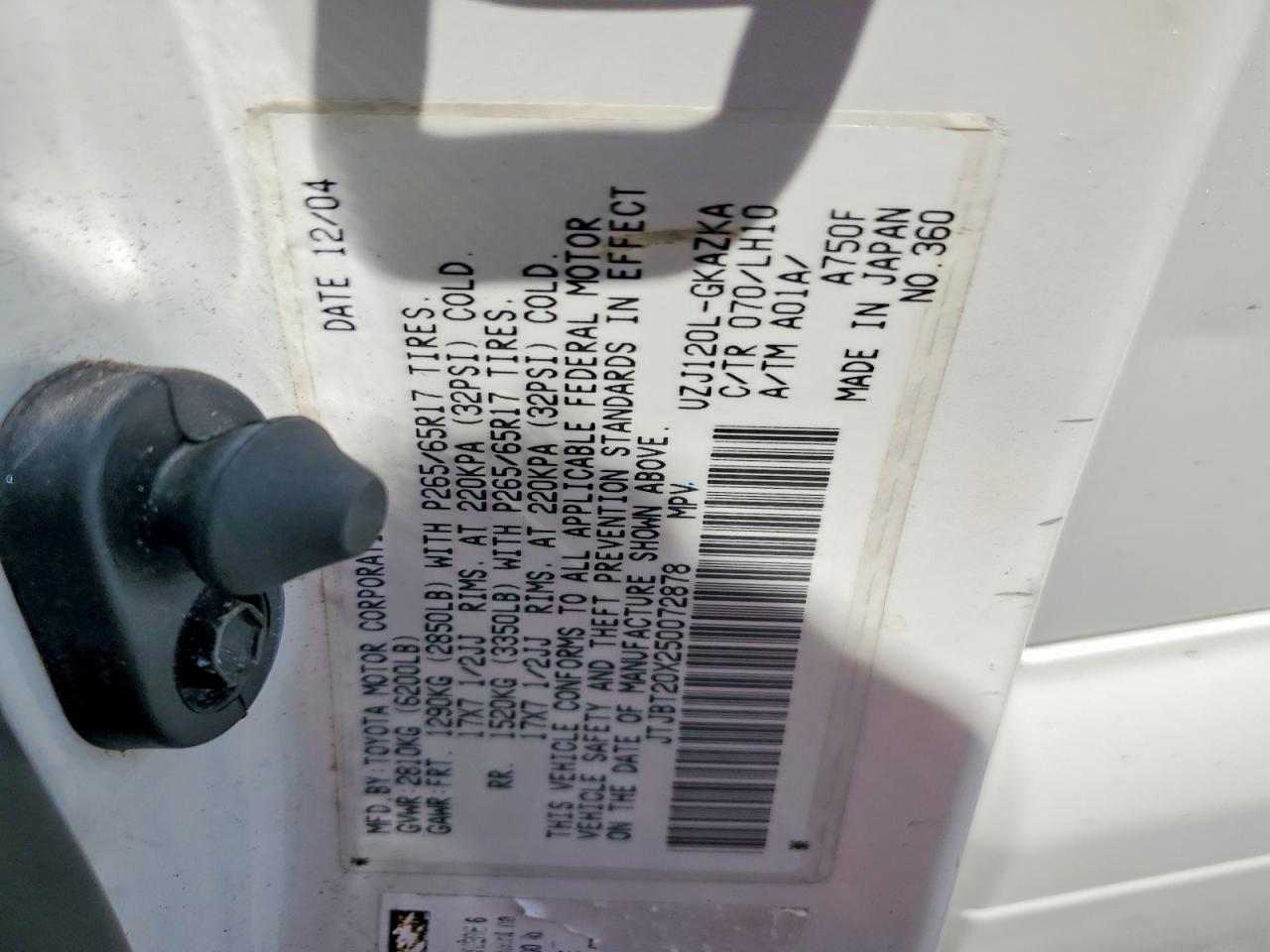 2005 Lexus Gx 470 White vin: JTJBT20X250072878