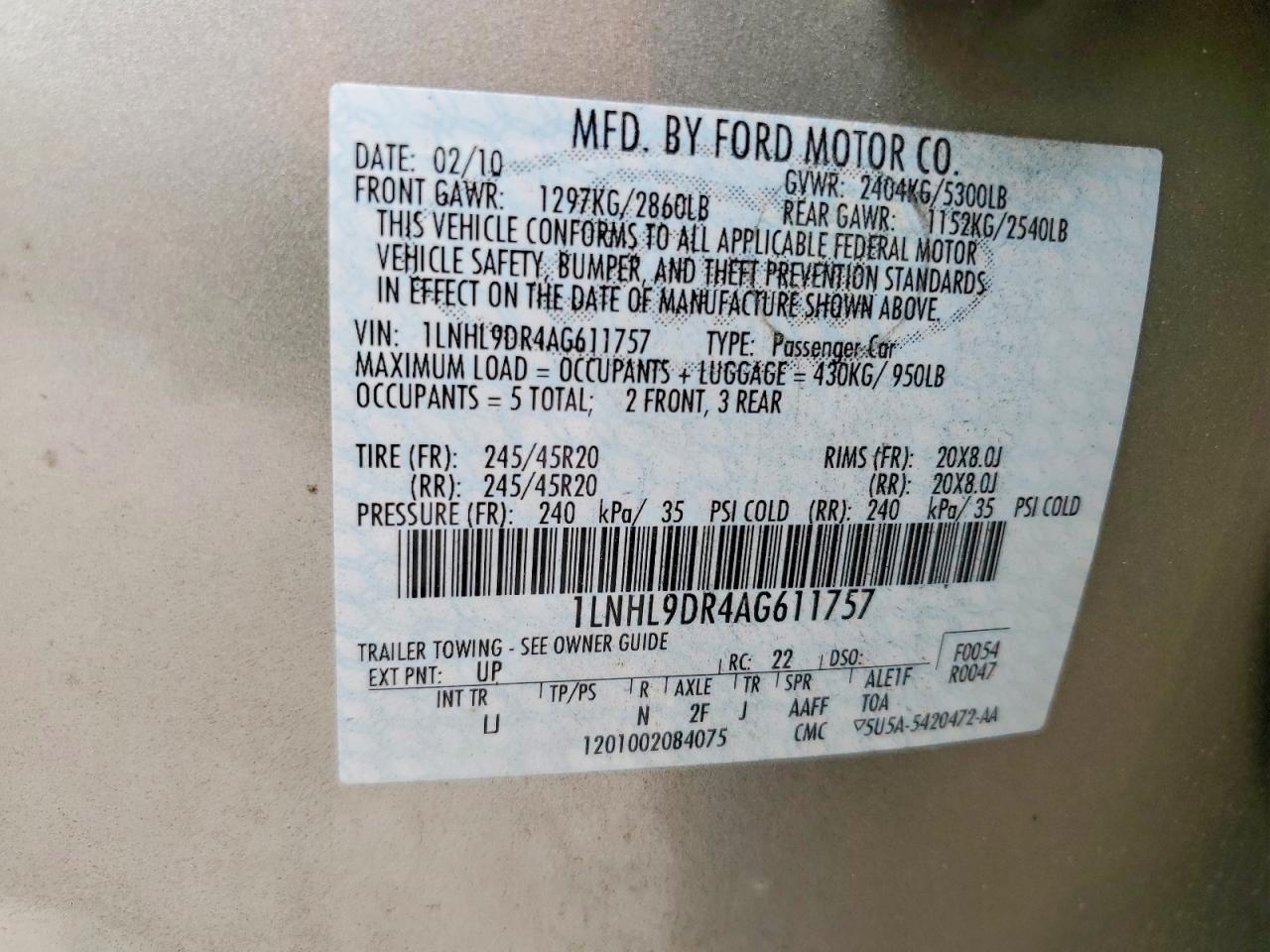 2010 Lincoln Mks Gold vin: 1LNHL9DR4AG611757