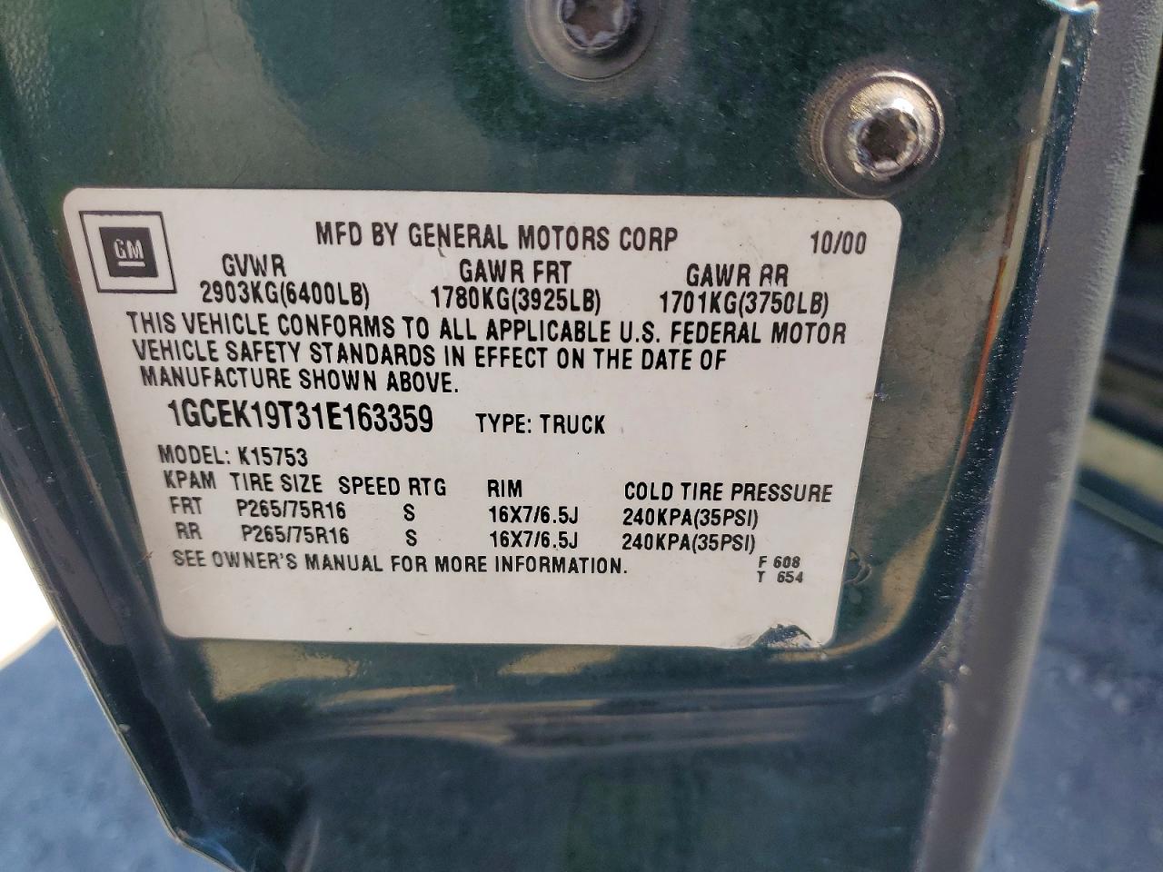 2001 Chevrolet Silverado K1500 Green vin: 1GCEK19T31E163359