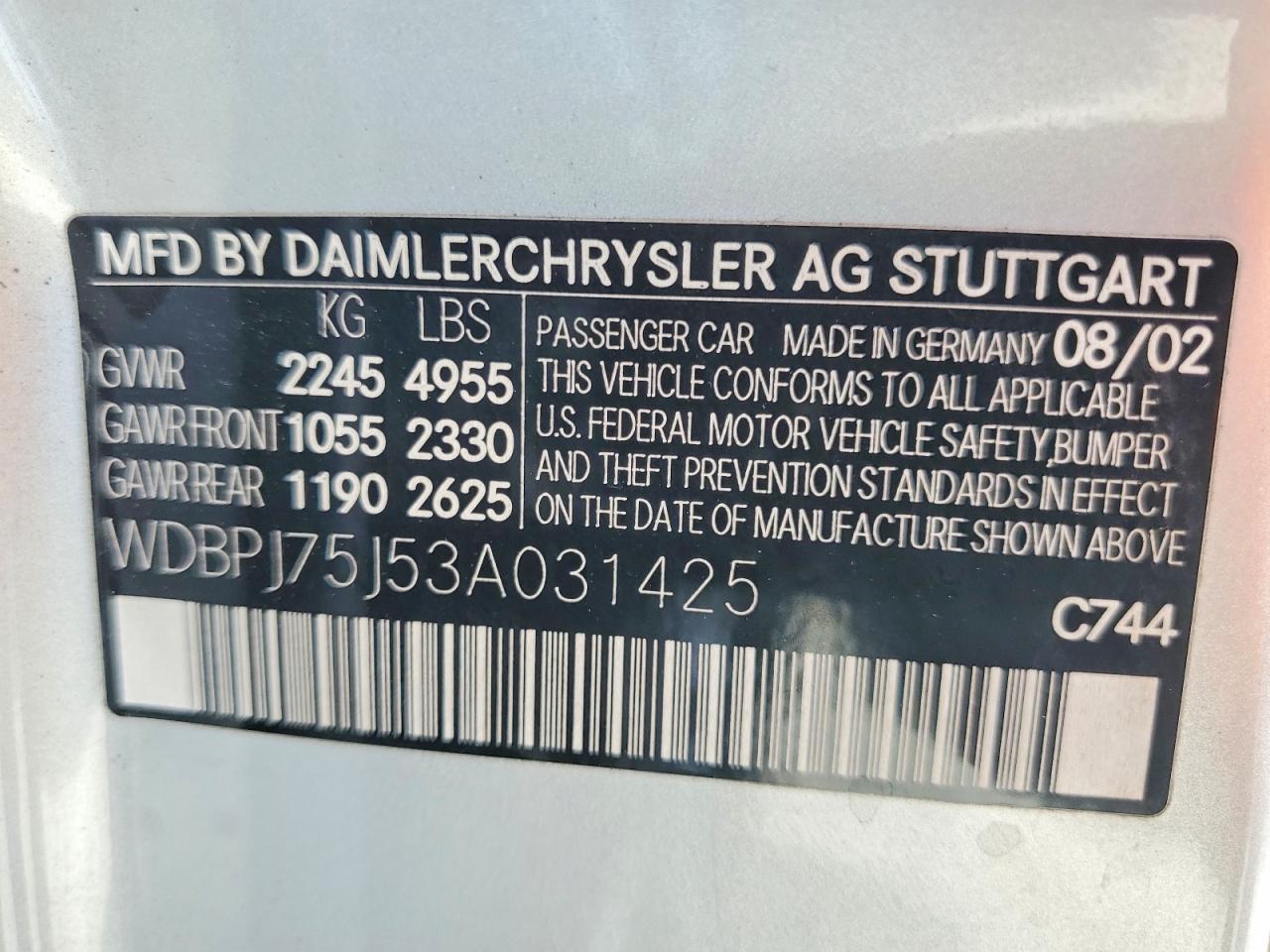 2003 Mercedes-benz Cl 500 Silver vin: WDBPJ75J53A031425