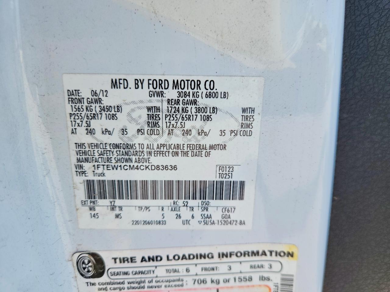 2012 Ford F150 Supercrew White vin: 1FTEW1CM4CKD83636