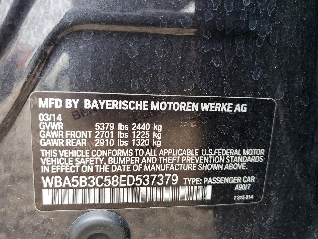 2014 Bmw 535 Xi Black vin: WBA5B3C58ED537379
