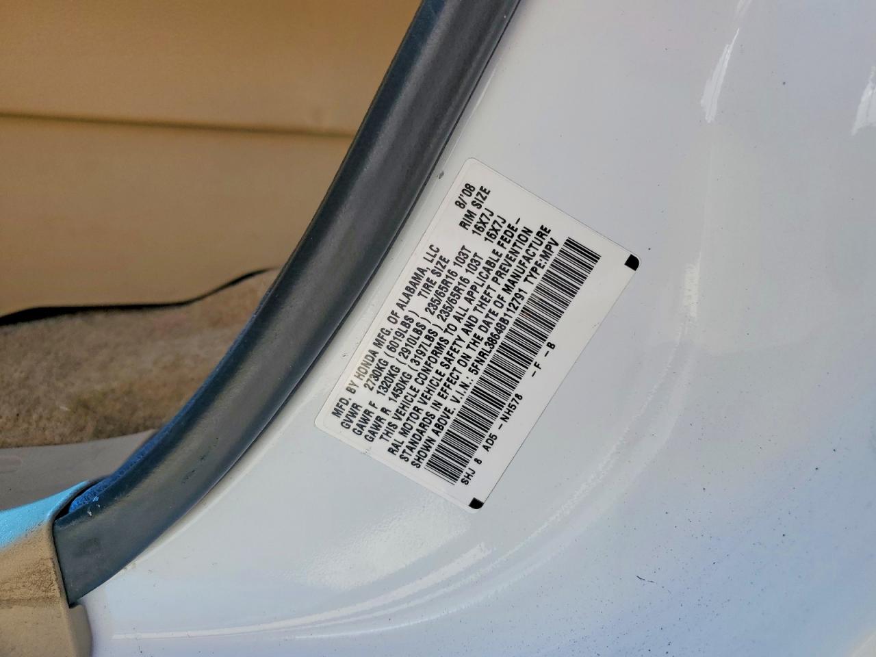 2008 Honda Odyssey Exl White vin: 5FNRL38648B112791