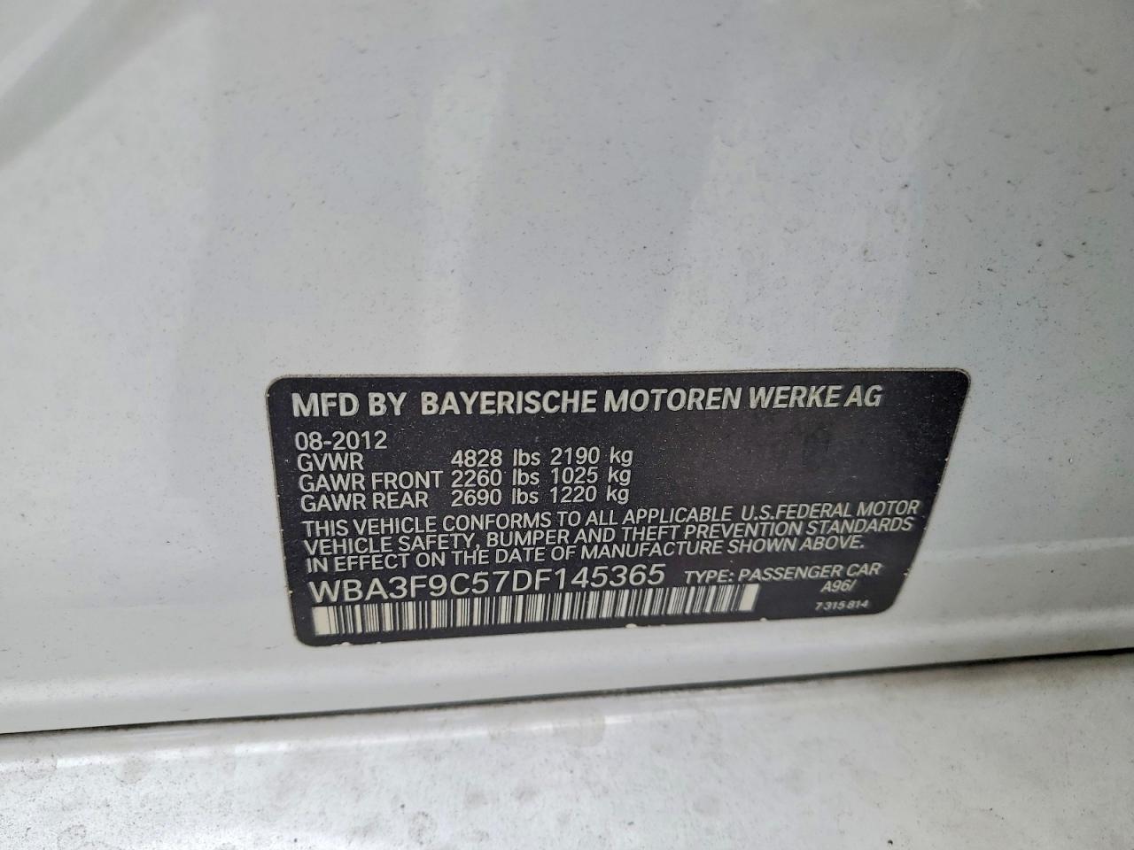 2013 Bmw Activehybrid 3 White vin: WBA3F9C57DF145365