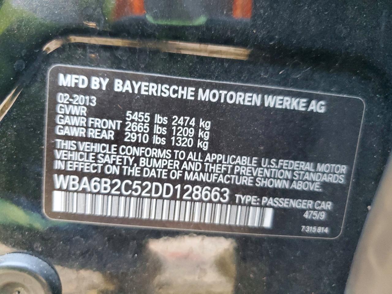 2013 Bmw 650 I Black vin: WBA6B2C52DD128663