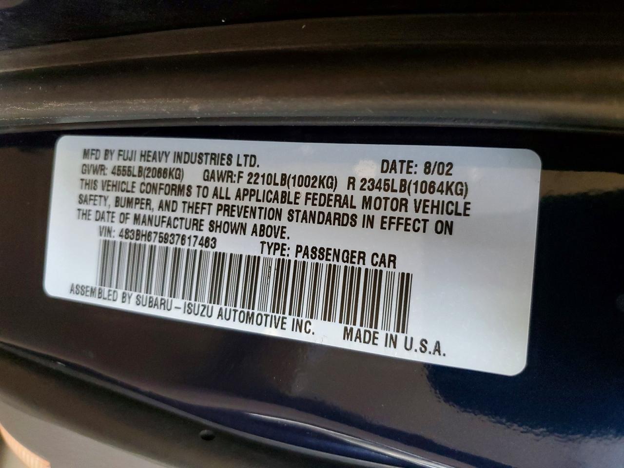 2003 Subaru Legacy Outback Awp Blue vin: 4S3BH675937617463