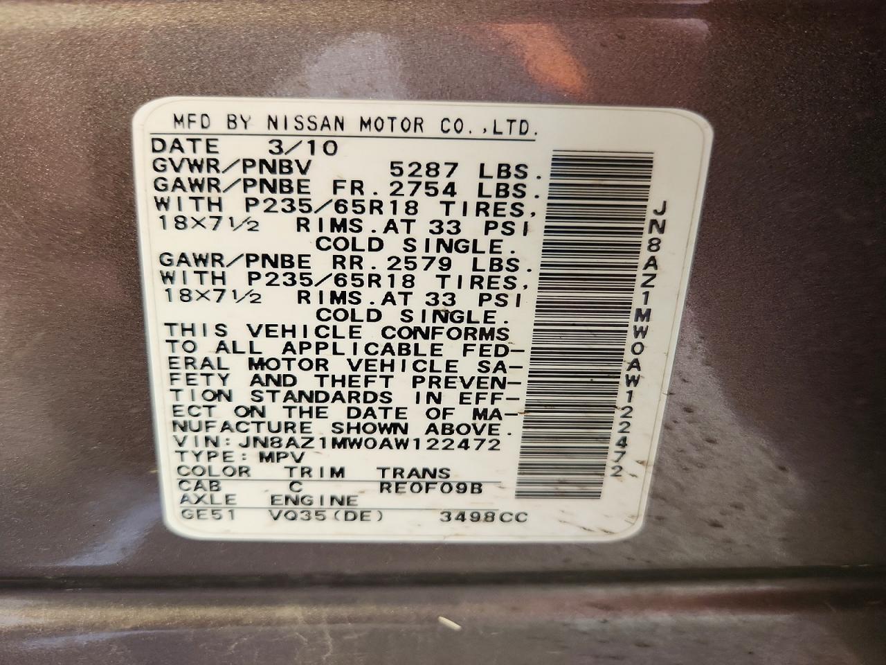 2010 Nissan Murano S Tan vin: JN8AZ1MW0AW122472