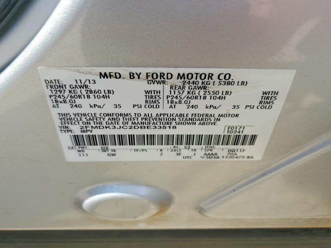 2013 Ford Edge Sel Silver vin: 2FMDK3JC2DBE33518