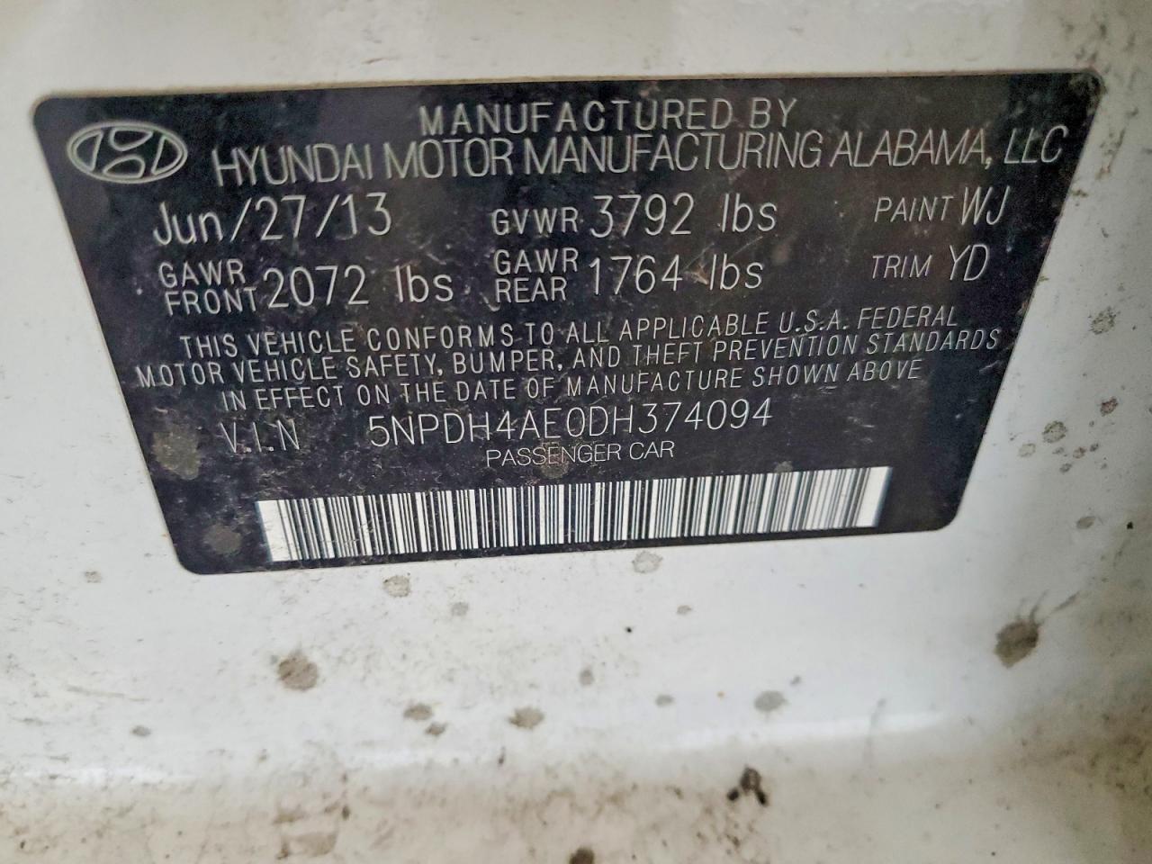 2013 Hyundai Elantra Gls White vin: 5NPDH4AE0DH374094