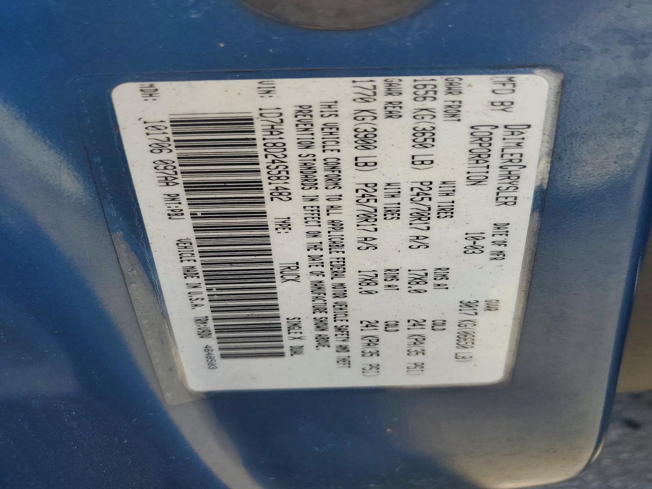 2004 Dodge Ram 1500 St Blue vin: 1D7HA18D24S581482