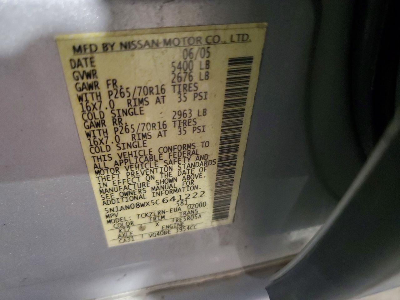 2005 Nissan Xterra S Silver vin: 5N1AN08WX5C641222
