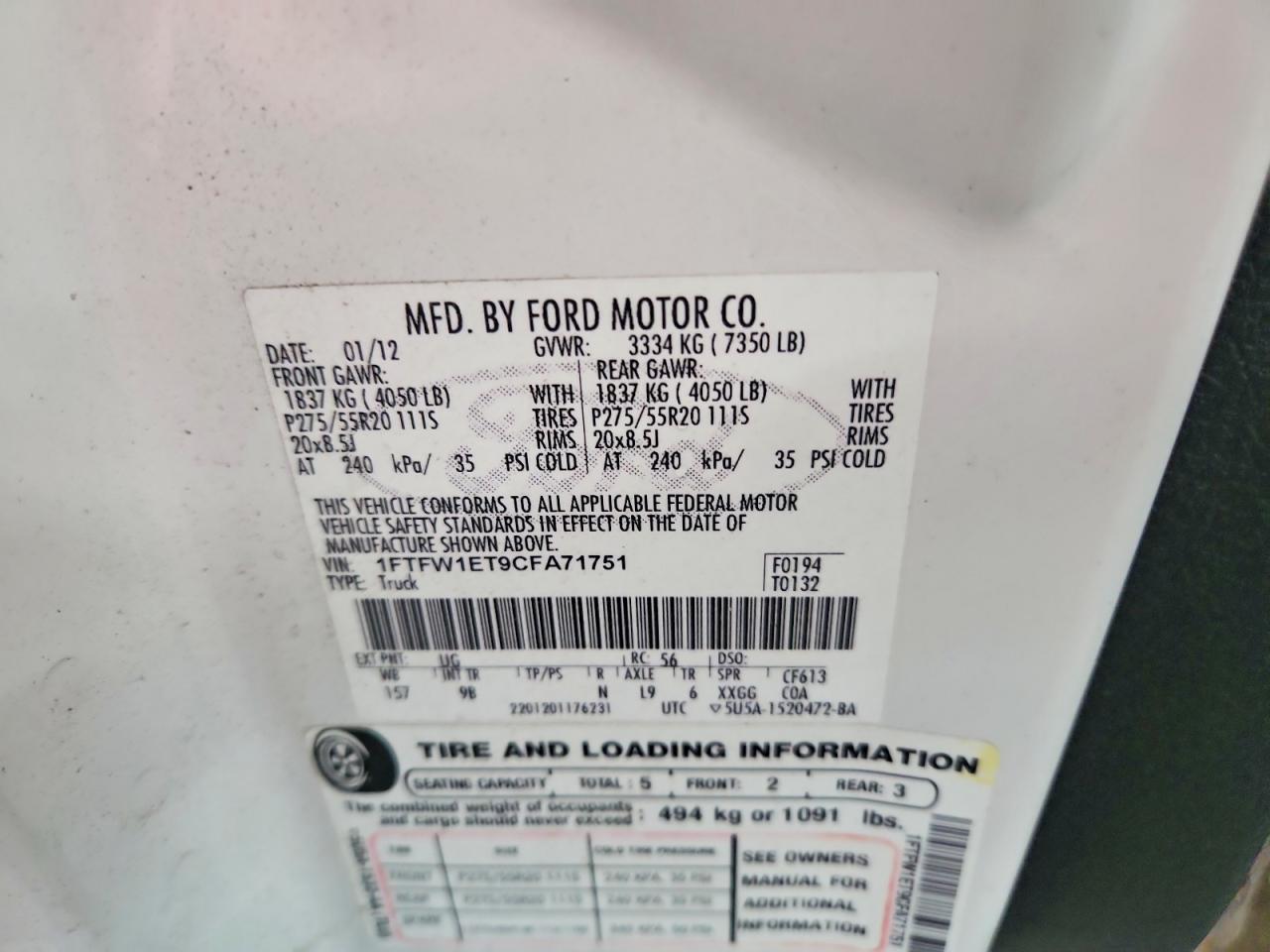 2012 Ford F150 Supercrew White vin: 1FTFW1ET9CFA71751