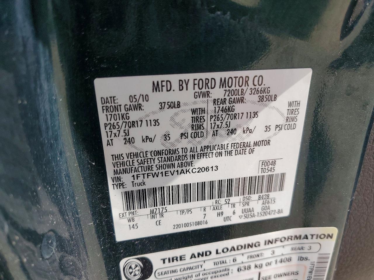 2010 Ford F150 Supercrew Green vin: 1FTFW1EV1AKC20613