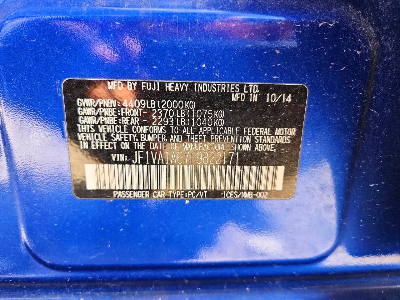 2015 Subaru Wrx Blue vin: JF1VA1A67F9822171