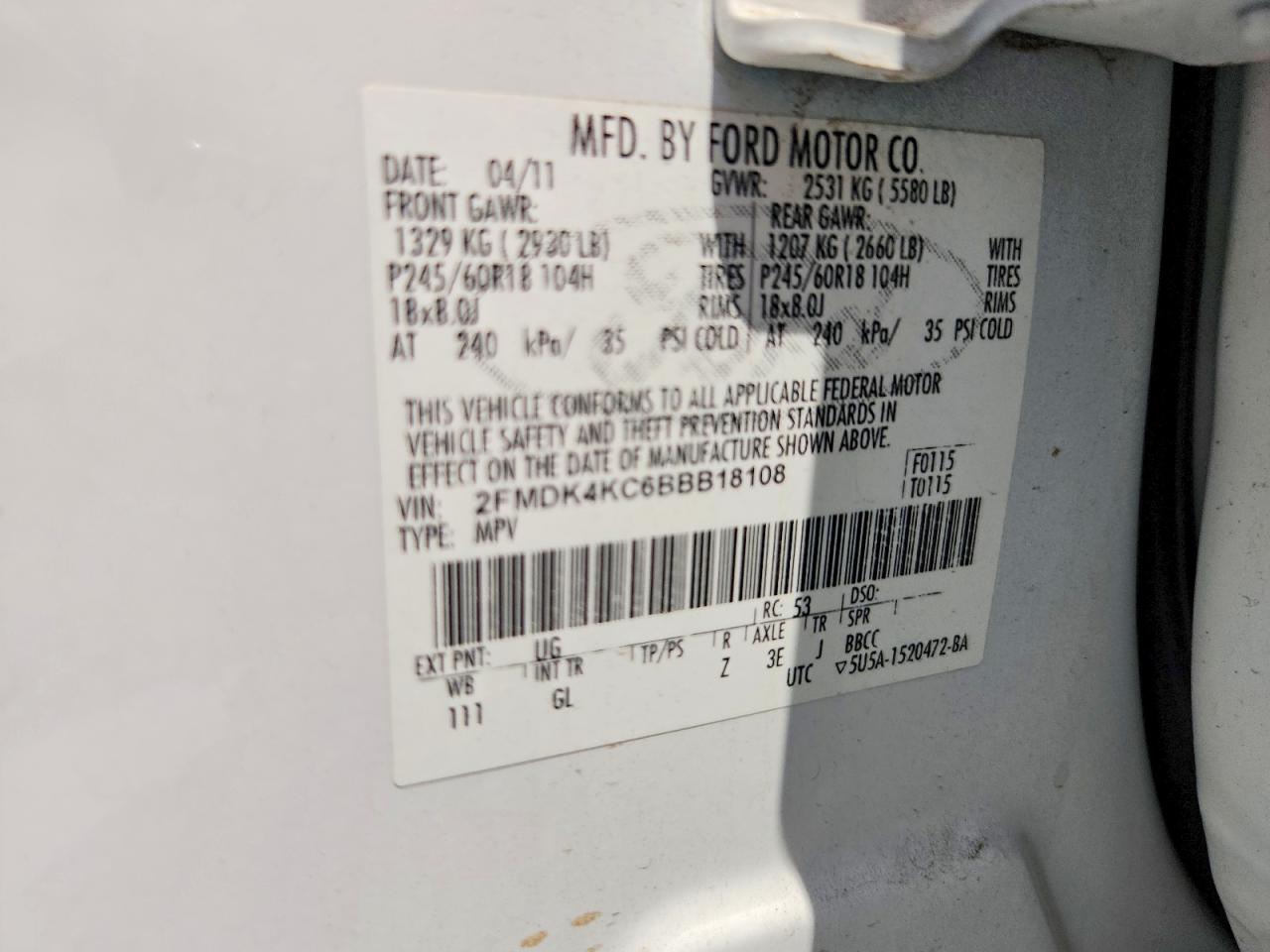 2011 Ford Edge Limited White vin: 2FMDK4KC6BBB18108