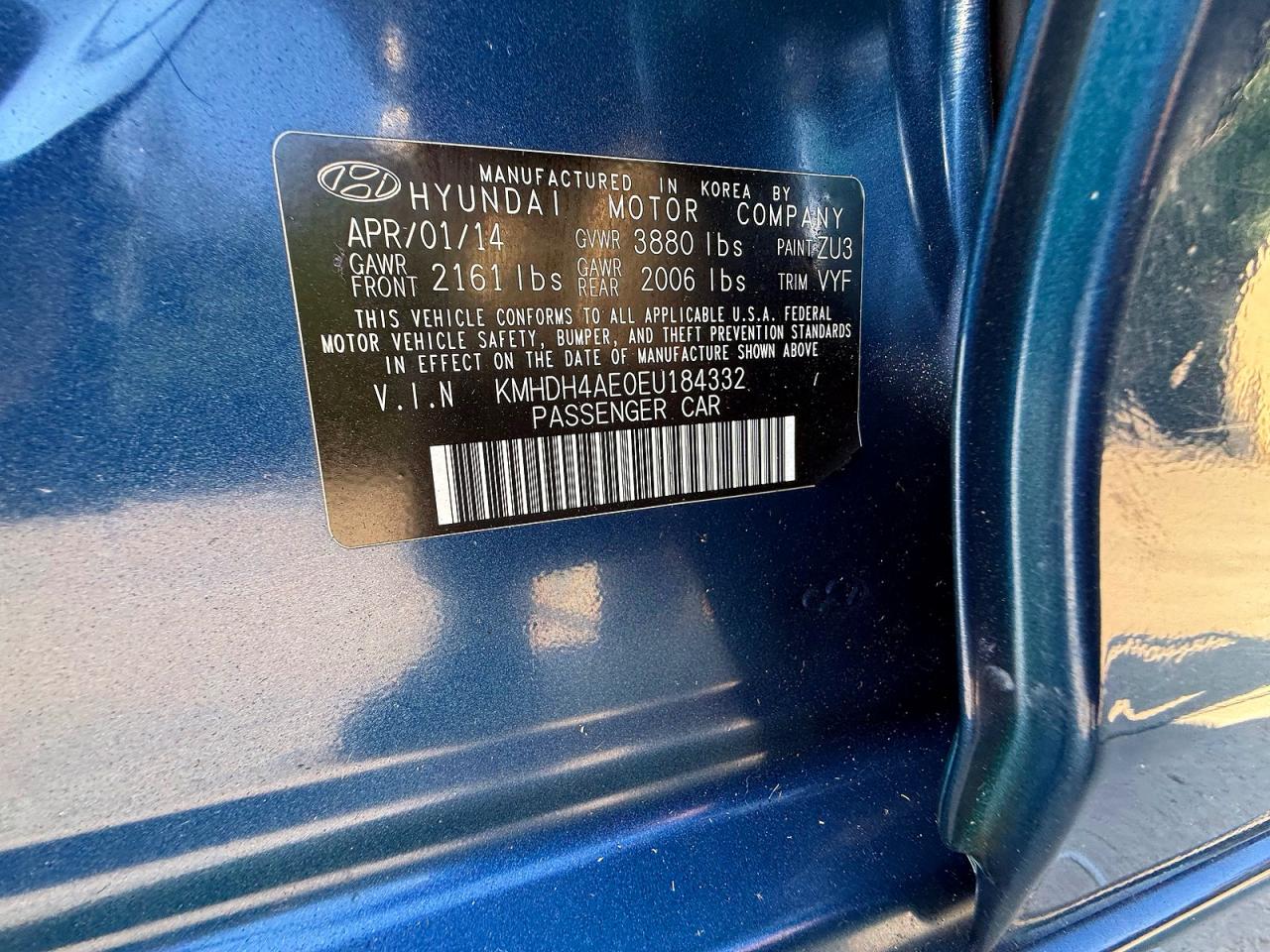 2014 Hyundai Elantra Se Blue vin: KMHDH4AE0EU184332