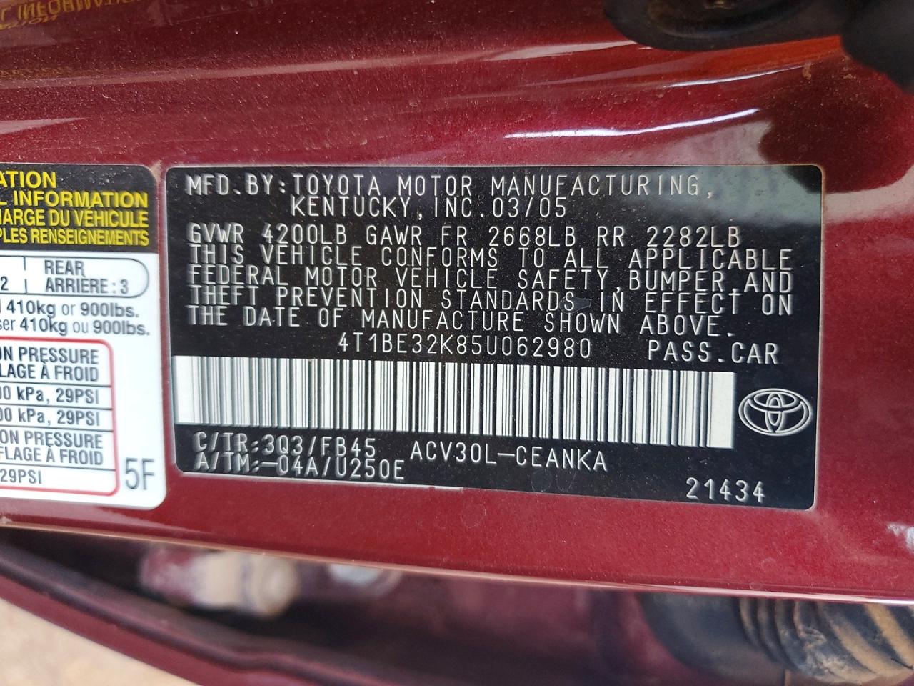 2005 Toyota Camry Le Темно-бордовый vin: 4T1BE32K85U062980