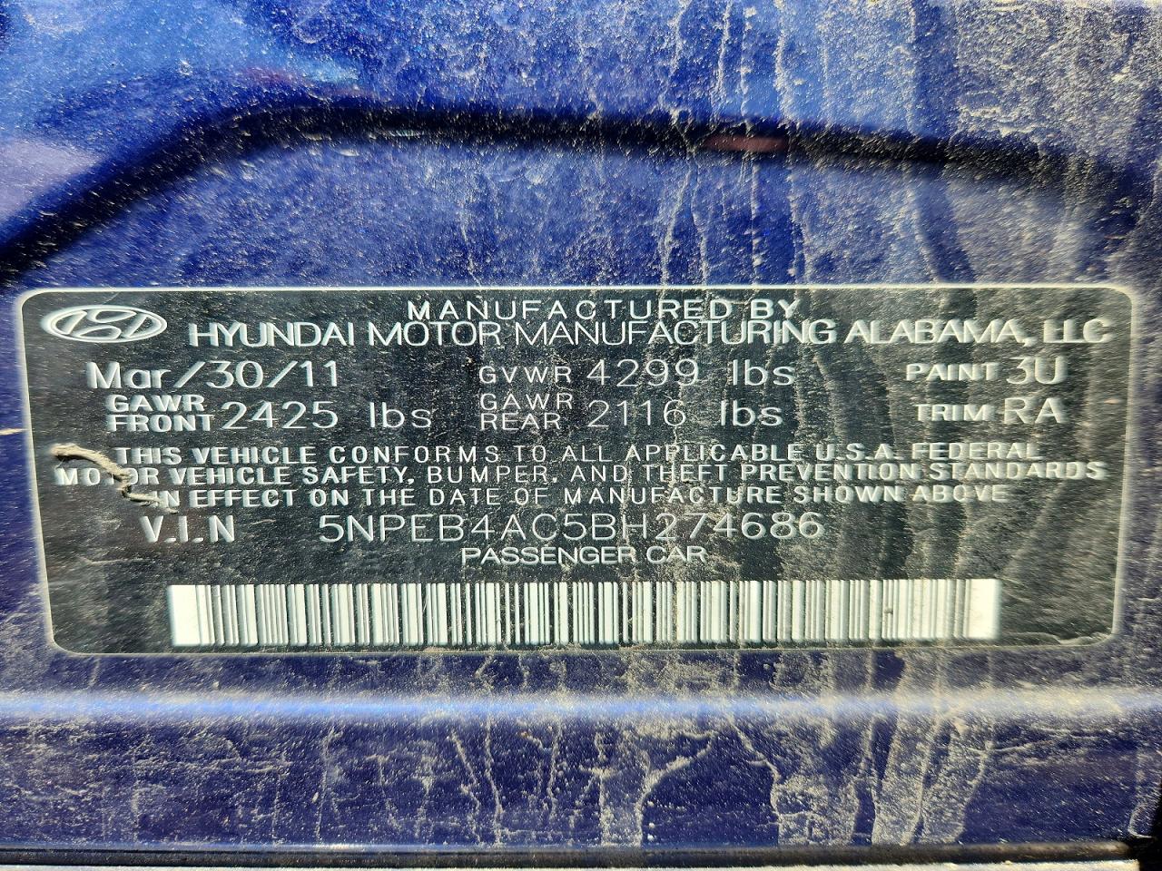 2011 Hyundai Sonata Gls Blue vin: 5NPEB4AC5BH274686