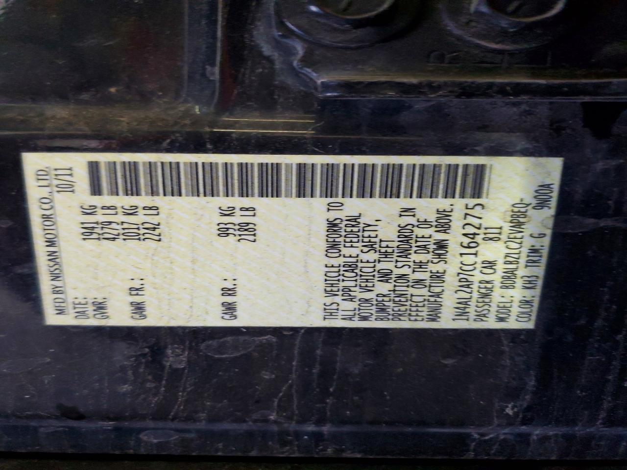 2012 Nissan Altima 2.5 Black vin: 1N4AL2AP7CC164275