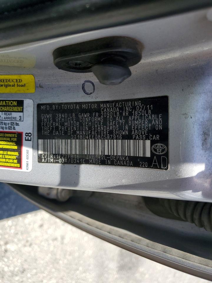 2011 Toyota Corolla Le Silver vin: 2T1BU4EE0BC587916