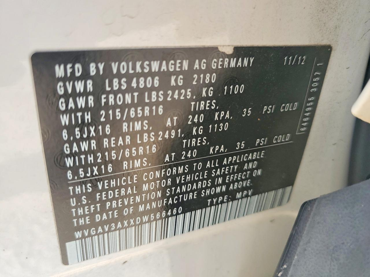 2013 Volkswagen Tiguan S White vin: WVGAV3AXXDW566460