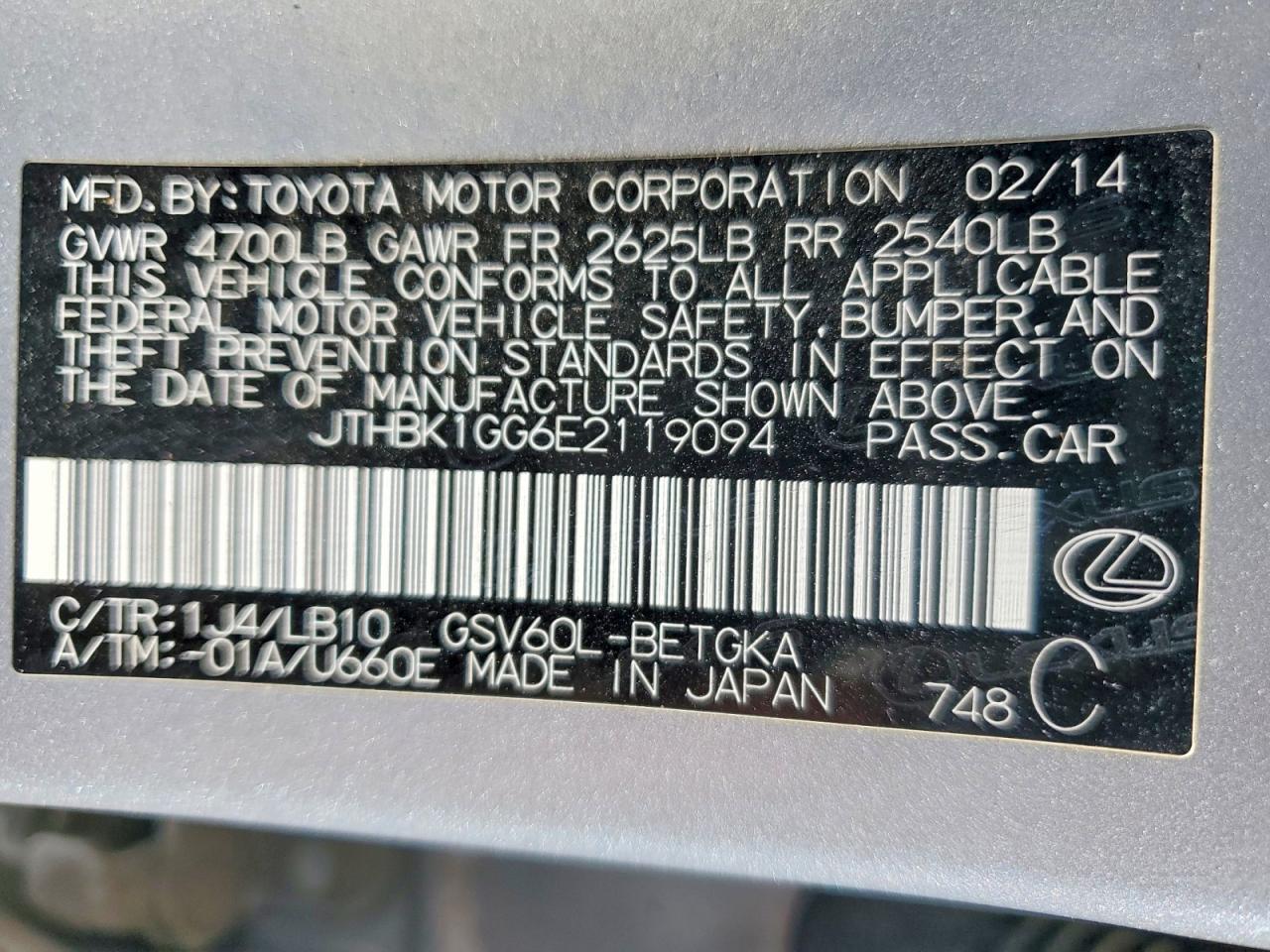 2014 Lexus Es 350 Silver vin: JTHBK1GG6E2119094