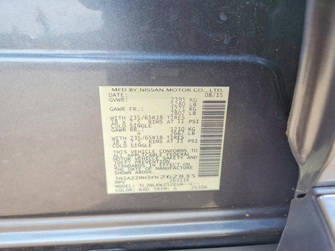 2015 Nissan Murano Sl Gray vin: 5N1AZ2MH3FN262835