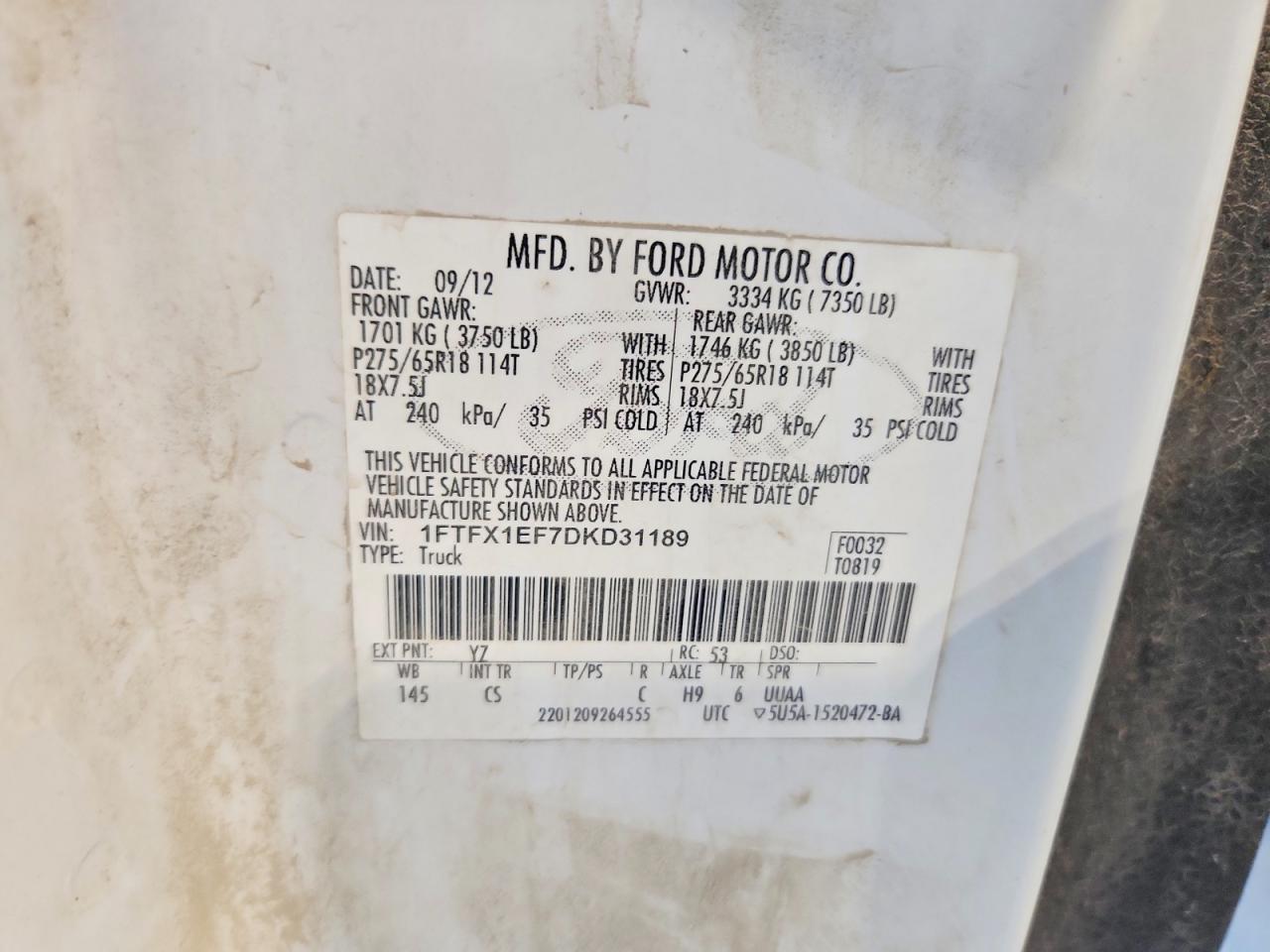 2013 Ford F150 Super Cab White vin: 1FTFX1EF7DKD31189
