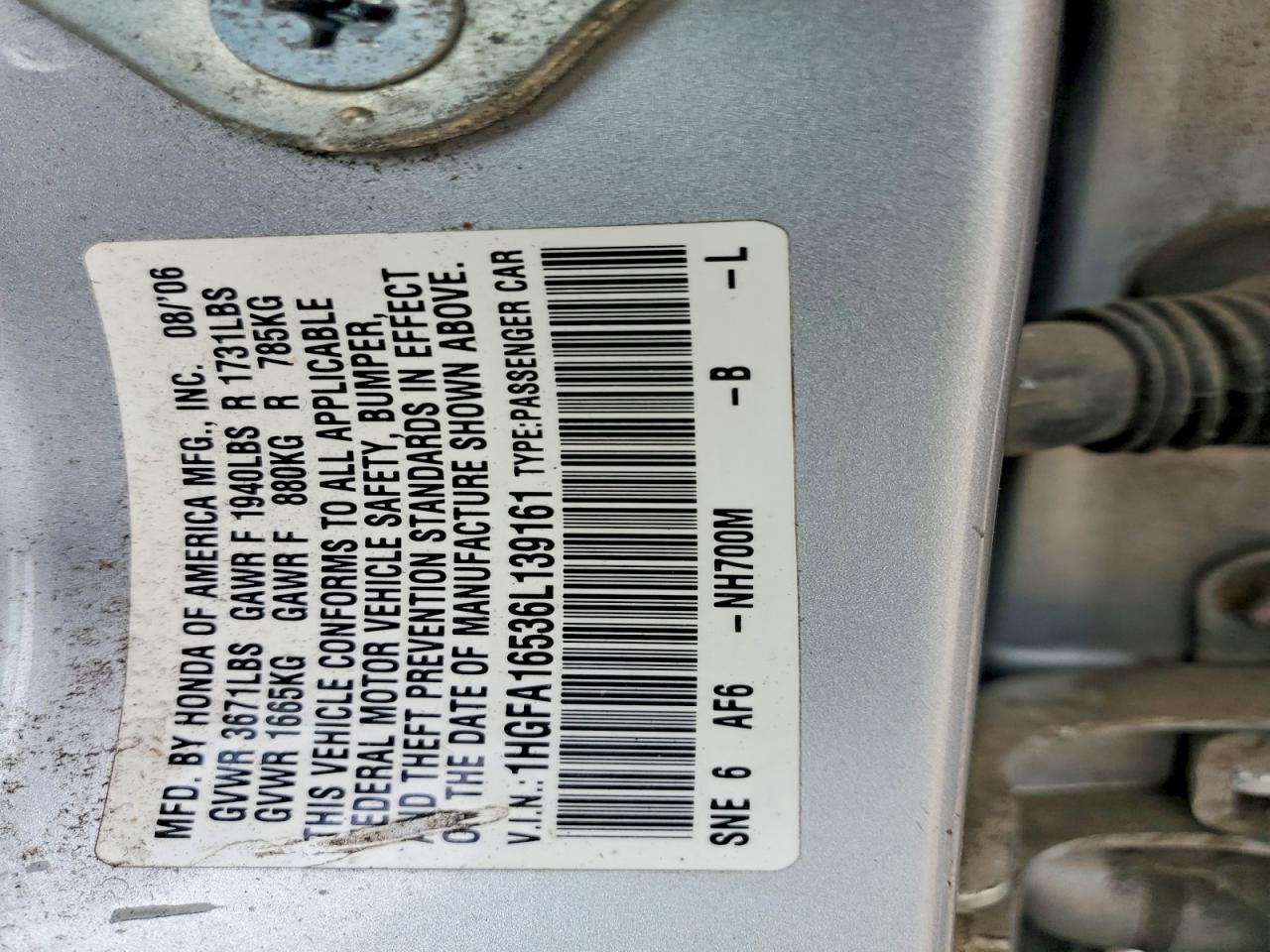 2006 Honda Civic Lx Silver vin: 1HGFA16536L139161