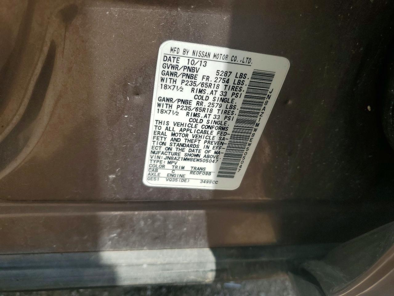 2014 Nissan Murano Sl Brown vin: JN8AZ1MW8EW505047
