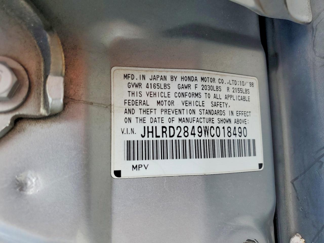 1998 Honda Cr-v Lx Silver vin: JHLRD2849WC018490