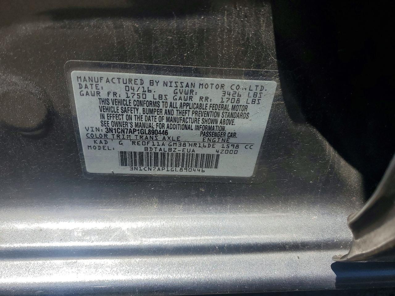2016 Nissan Versa 1.6 Sv Gray vin: 3N1CN7AP1GL890446