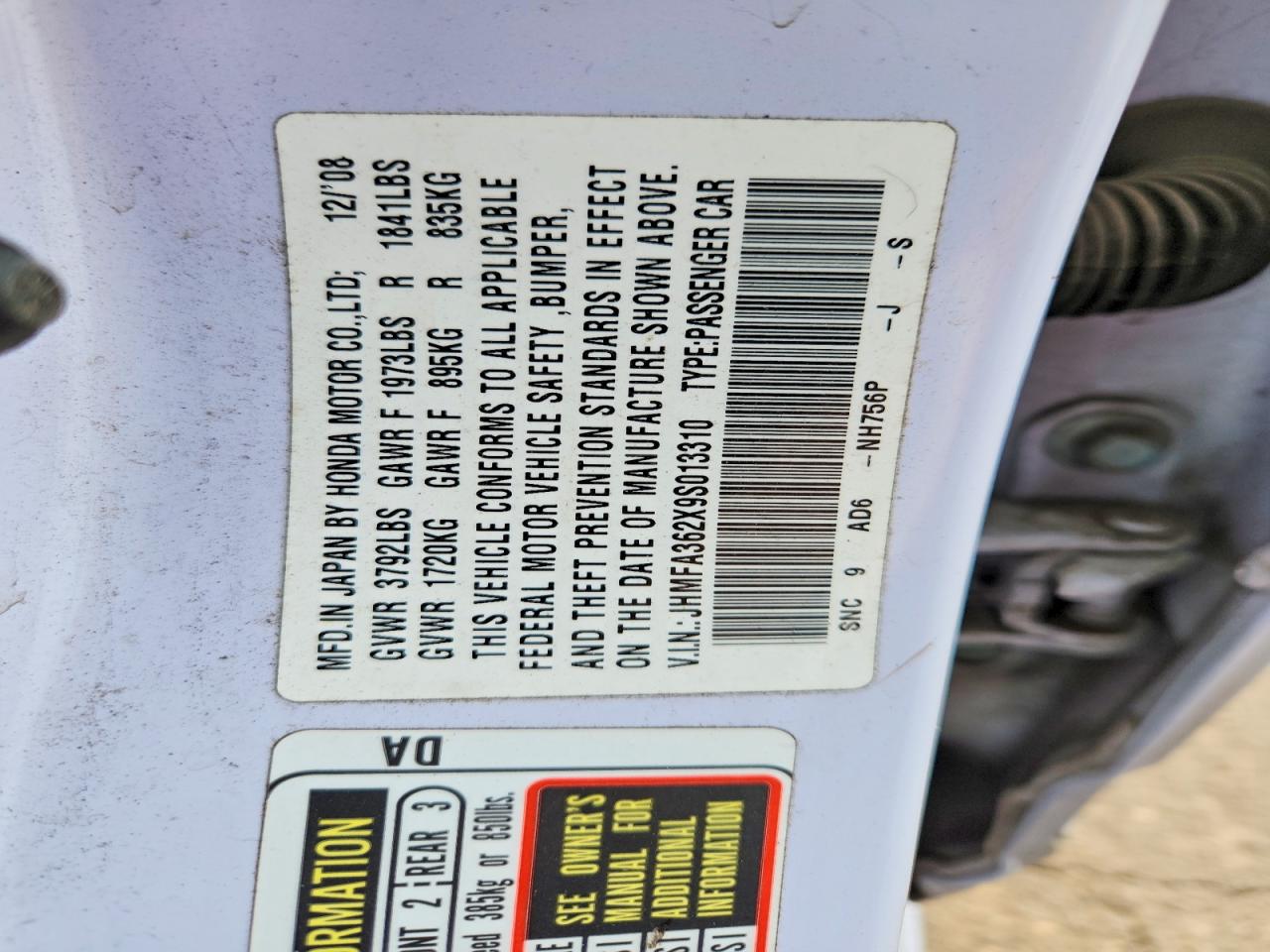 2009 Honda Civic Hybrid White vin: JHMFA362X9S013310