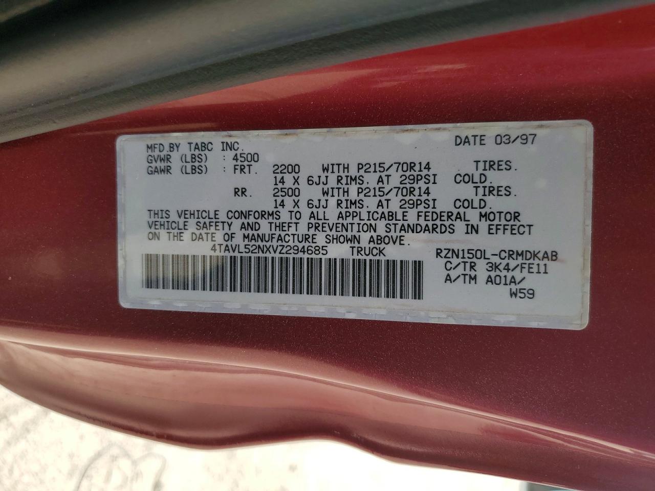 1997 Toyota Tacoma Base Red vin: 4TAVL52NXVZ294685