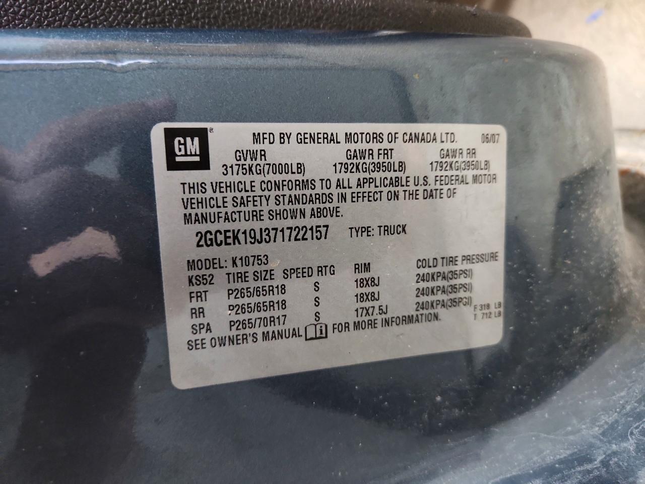 2007 Chevrolet Silverado K1500 Blue vin: 2GCEK19J371722157