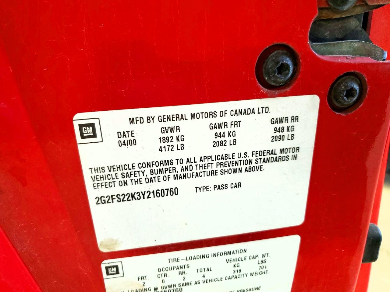 2000 Pontiac Firebird Red vin: 2G2FS22K3Y2160760