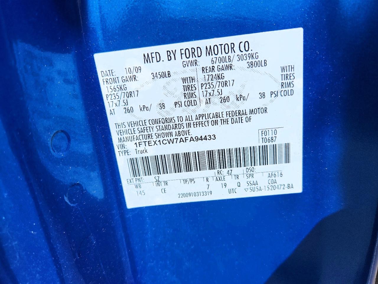 2010 Ford F150 Super Cab Blue vin: 1FTEX1CW7AFA94433
