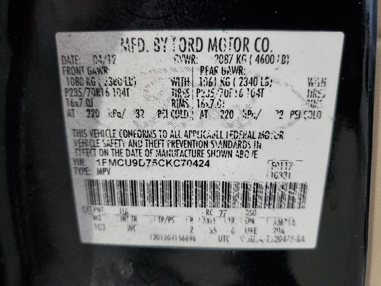 2012 Ford Escape Xlt Black vin: 1FMCU9D75CKC70424