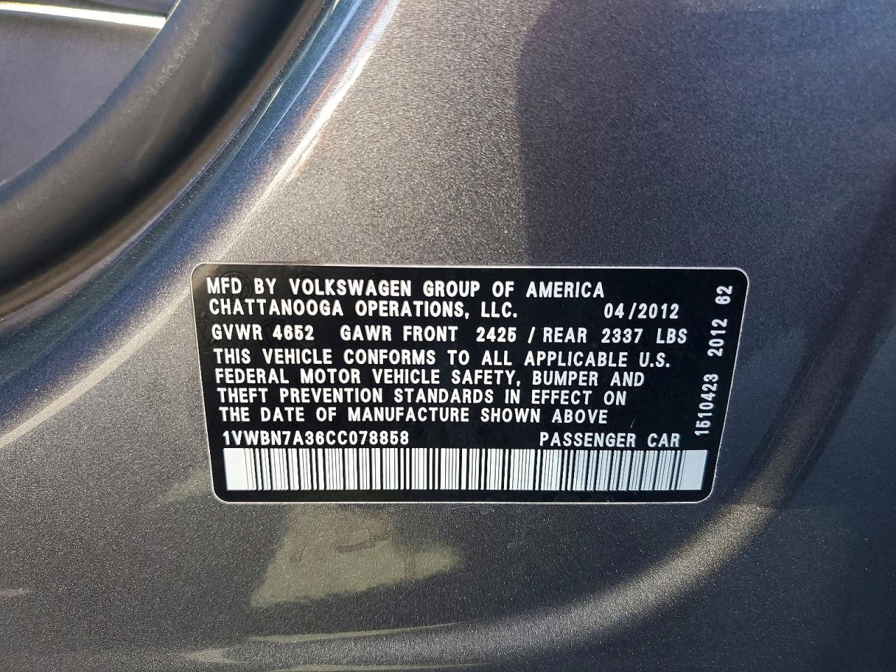 2012 Volkswagen Passat Se Gray vin: 1VWBN7A36CC078858