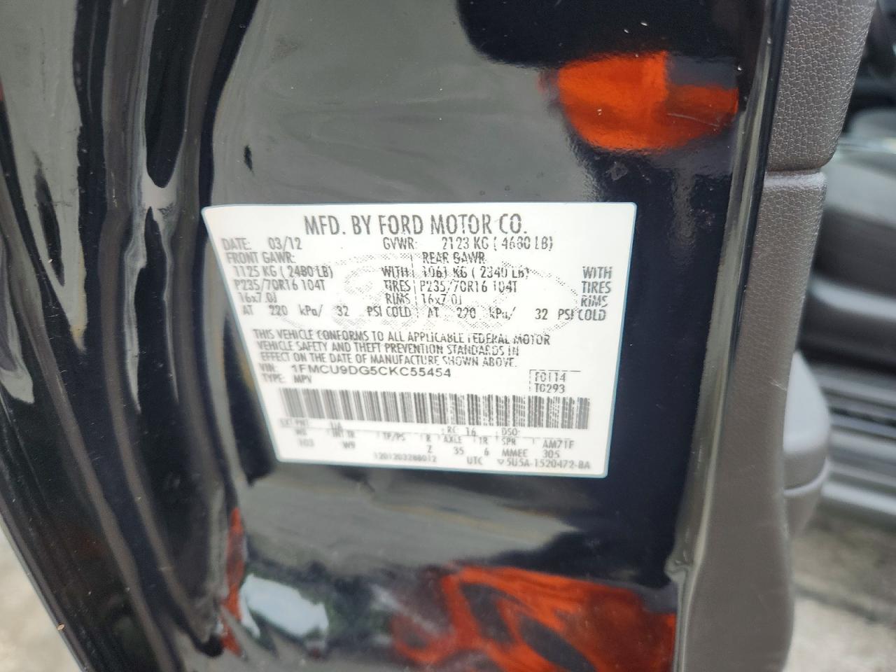2012 Ford Escape Xlt Black vin: 1FMCU9DG5CKC55454