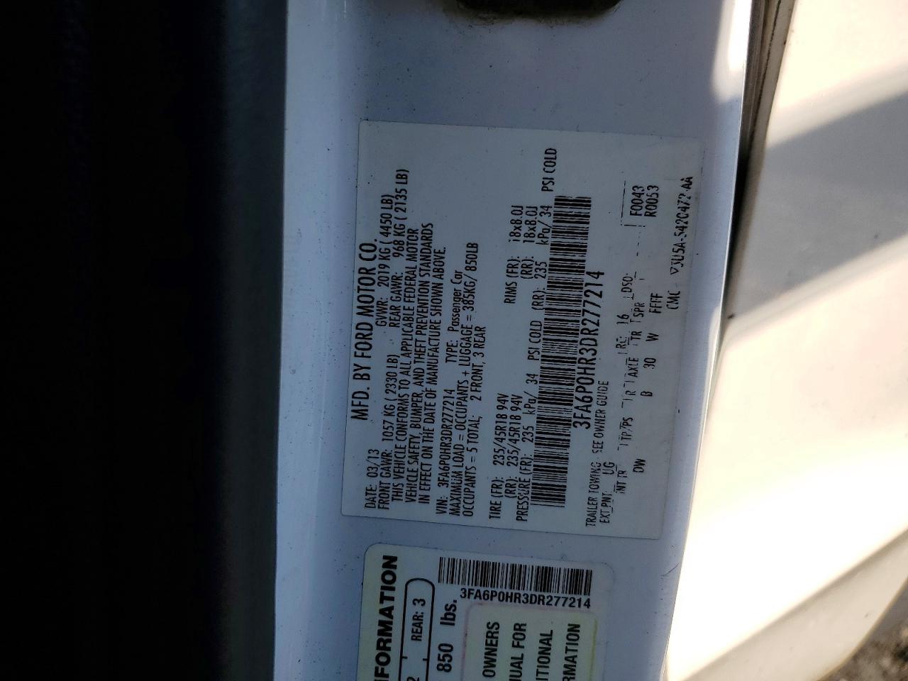 2013 Ford Fusion Se White vin: 3FA6P0HR3DR277214