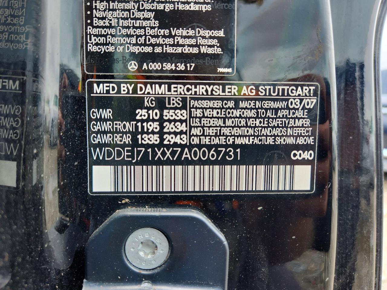 2007 Mercedes-benz Cl 550 Black vin: WDDEJ71XX7A006731