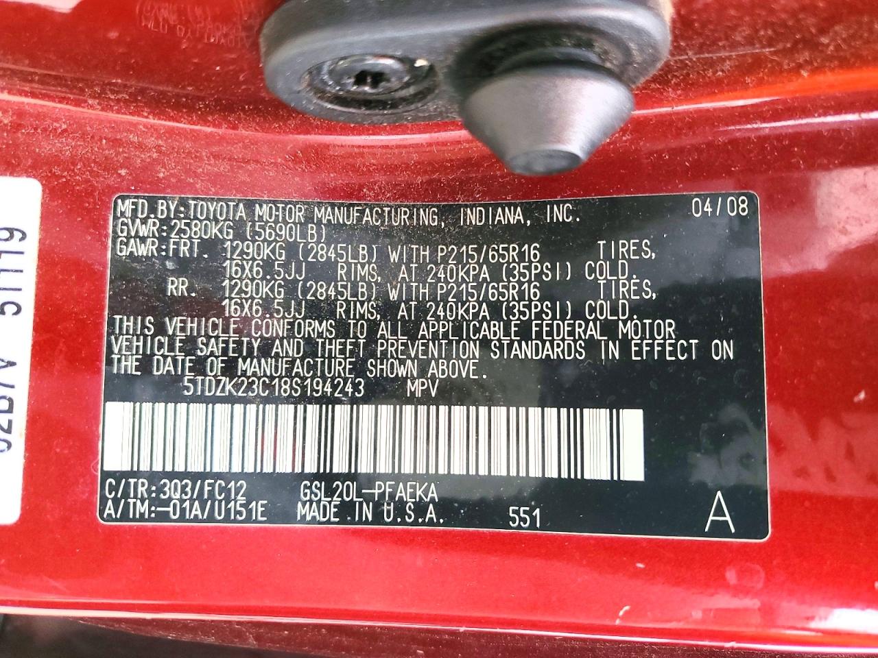2008 Toyota Sienna Le 7-passenger Red vin: 5TDZK23C18S194243