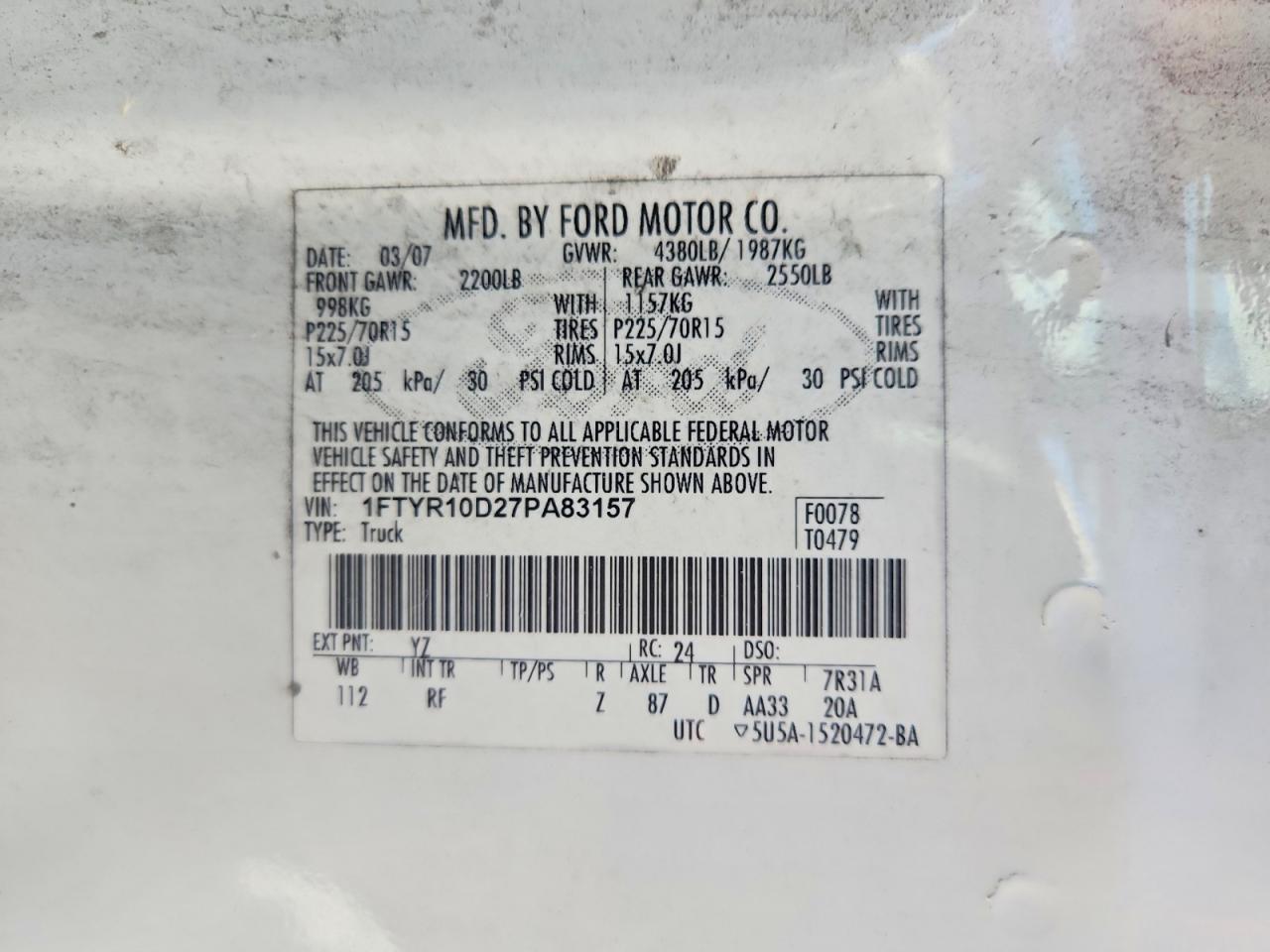 2007 Ford Ranger White vin: 1FTYR10D27PA83157