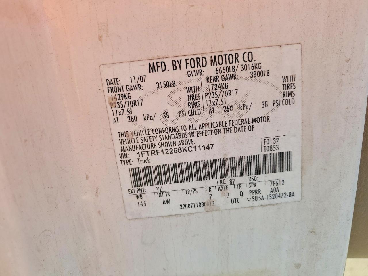 2008 Ford F150 White vin: 1FTRF12268KC11147