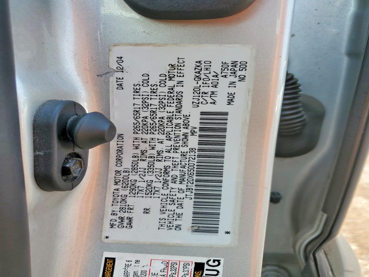 2005 Lexus Gx 470 Silver vin: JTJBT20X650072138